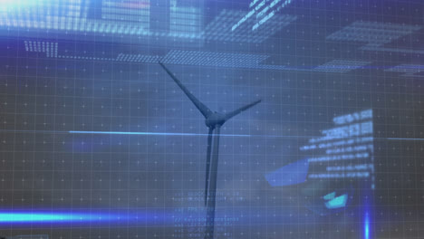 animation of data processing and light trails over wind turbine and sky with clouds