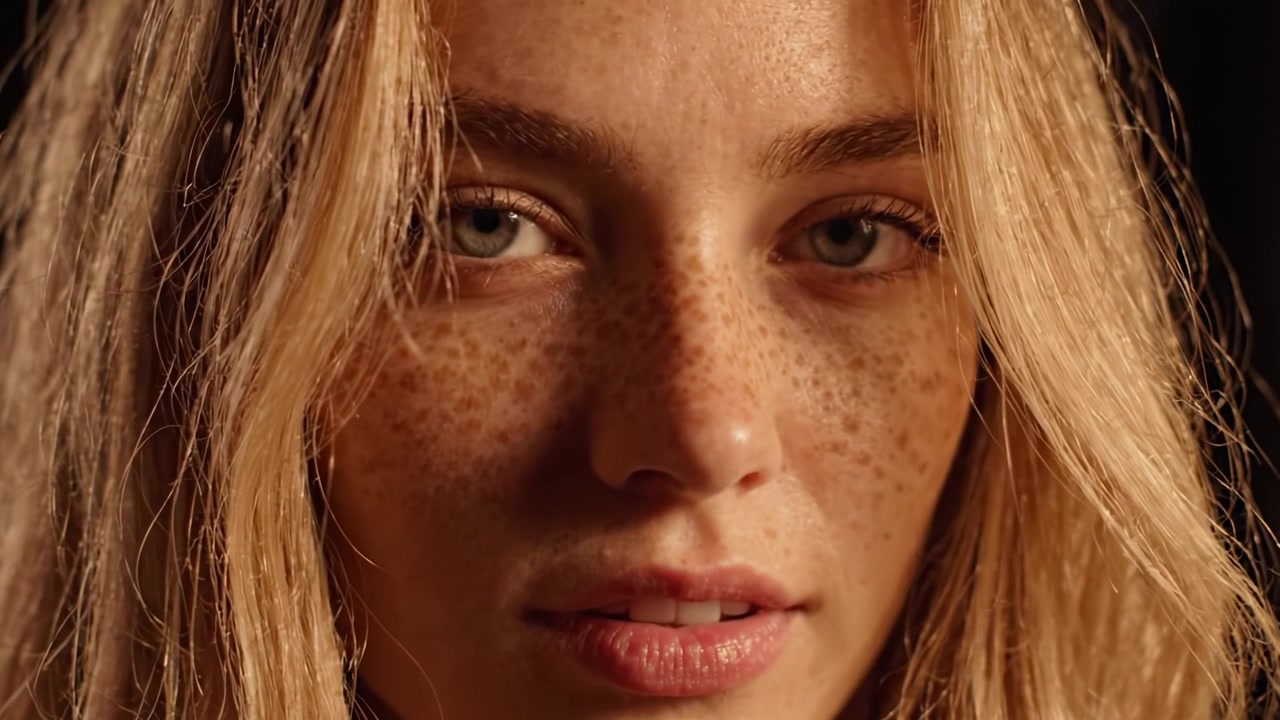 Un hermoso retrato que muestra los rasgos impresionantes y las pecas naturales de una mujer joven con cabello brillante, capturado en un entorno de iluminación suave y cálida