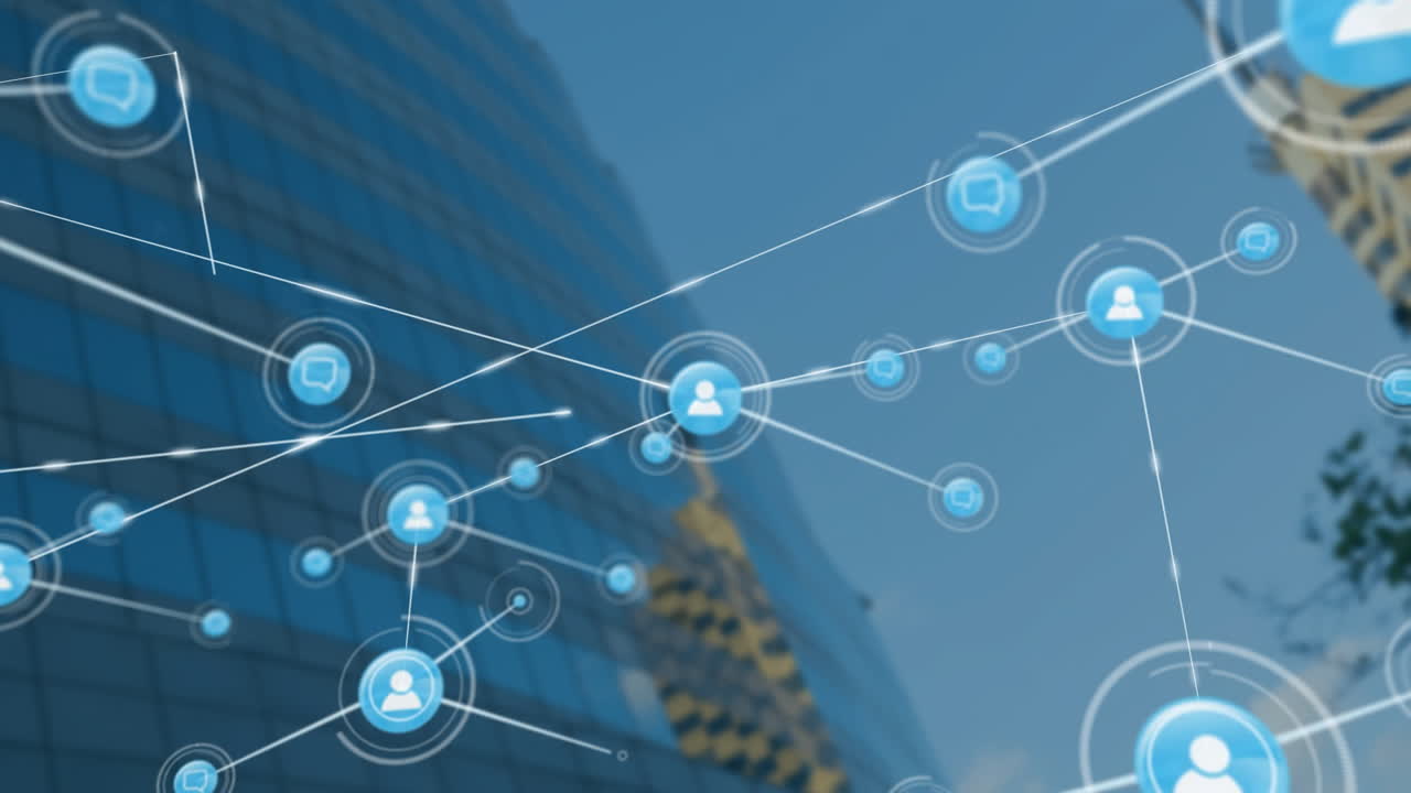 Network of connections and data processing animation over modern office building