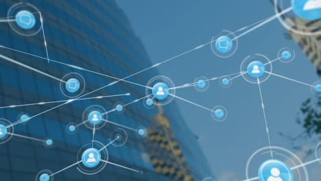 network of connections and data processing animation over modern office building