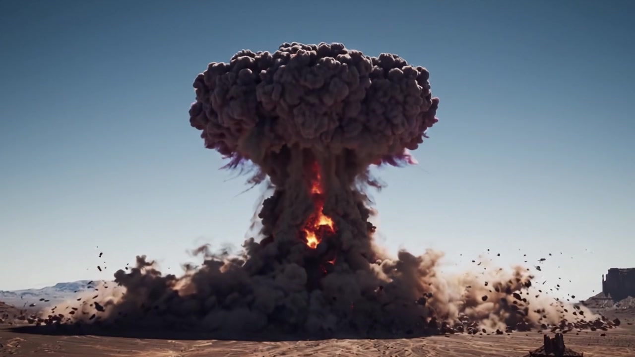Eine gewaltige Explosion ereignet sich in einer Wüstenlandschaft und schleudert Rauch- und Trümmerwolken hoch in die Luft vor einem klaren blauen Himmel.