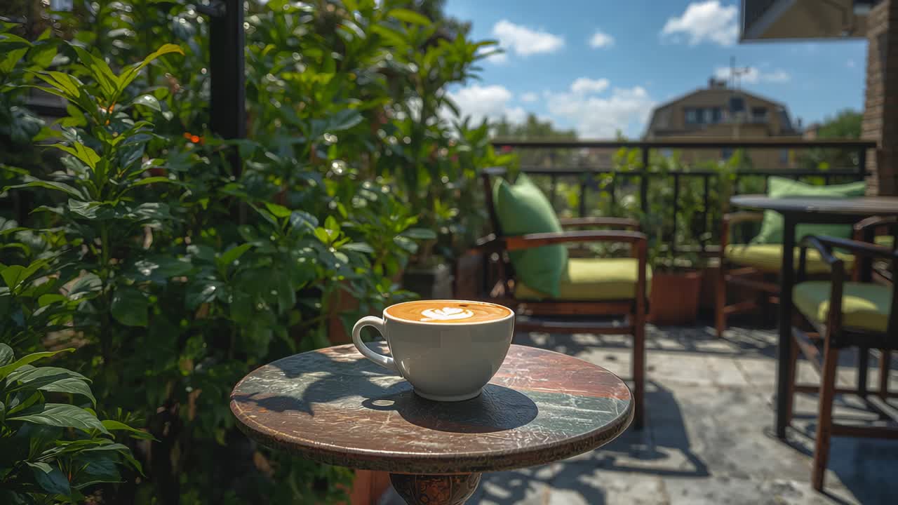Shifting sunlight creating subtle focus shifts on balcony to highlight white cup with latte art
