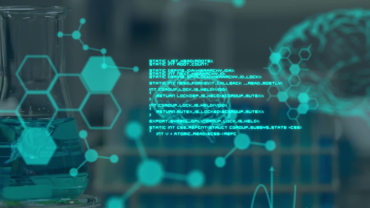 Animation of digital brain, molecules and data processing over empty lab