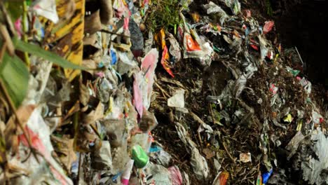 Vertical-ascending-slow-motion-shot-of-a-littered-forest-patch-in-the-jungle-of-bali-with-significant-garbage-problems-and-endangering-the-environment-with-ecological-problem-and-chemical-waste