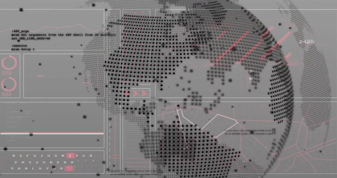 Globe rotating triggers code panels sliding as red highlights pulsing lines visualizing data flow