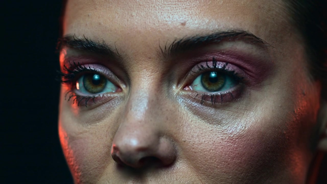 Camera focust op een vrouw die knippert en haar blik afwendt in de studio, en toont detail van glinsterende roze oogmake-up.