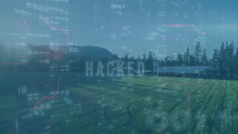digital hacking animation over rural landscape with trees and mountains