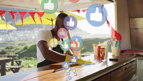 cleaning counter, man surrounded by floating thumbs-up icons in animation