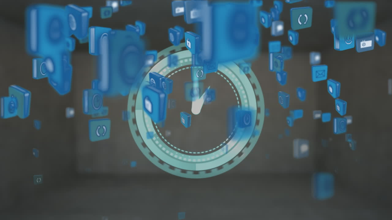 기술 아이콘과 시계가 회색 배경 위로 움직이는 애니메이션