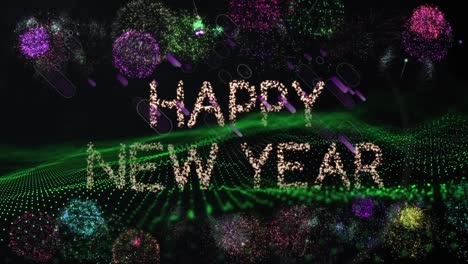 Animación-De-Texto-Brillante-Feliz-Año-Nuevo,-Con-Fuegos-Artificiales-Sobre-Un-Paisaje-Ondulado-De-Puntos-Verdes