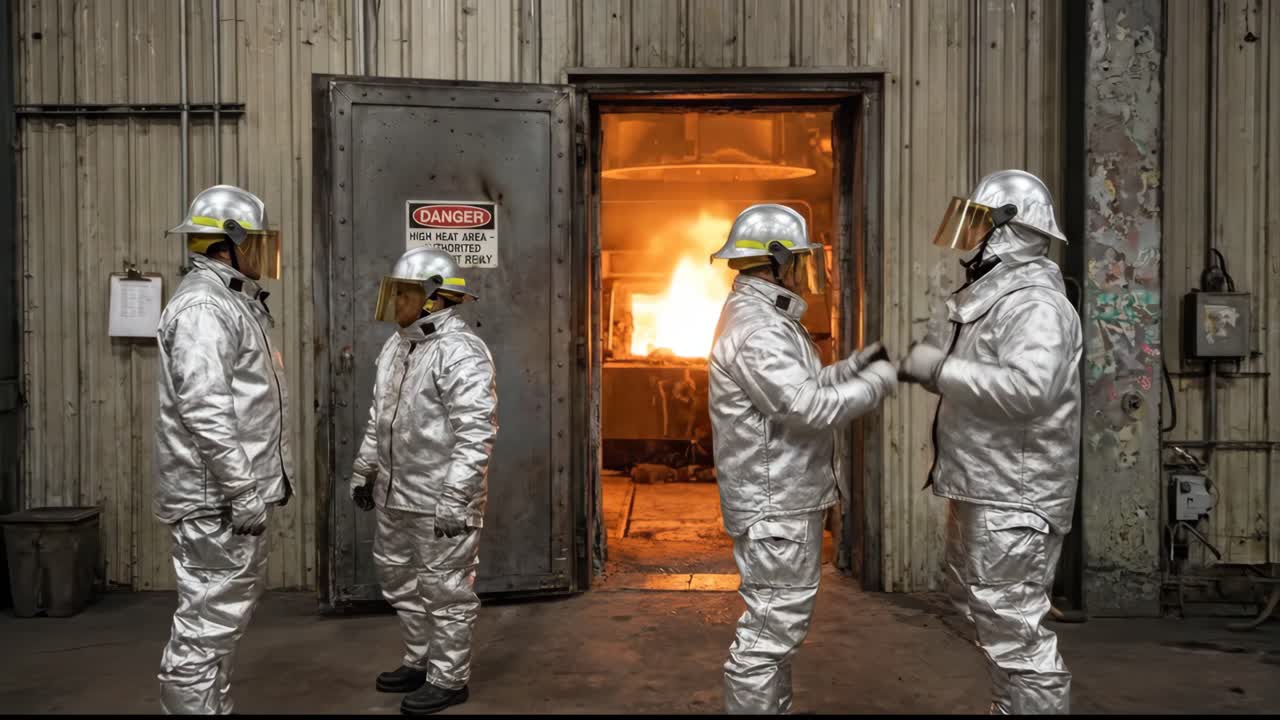 Industrial Workers in Protective Gear Approaching a Hot Furnace