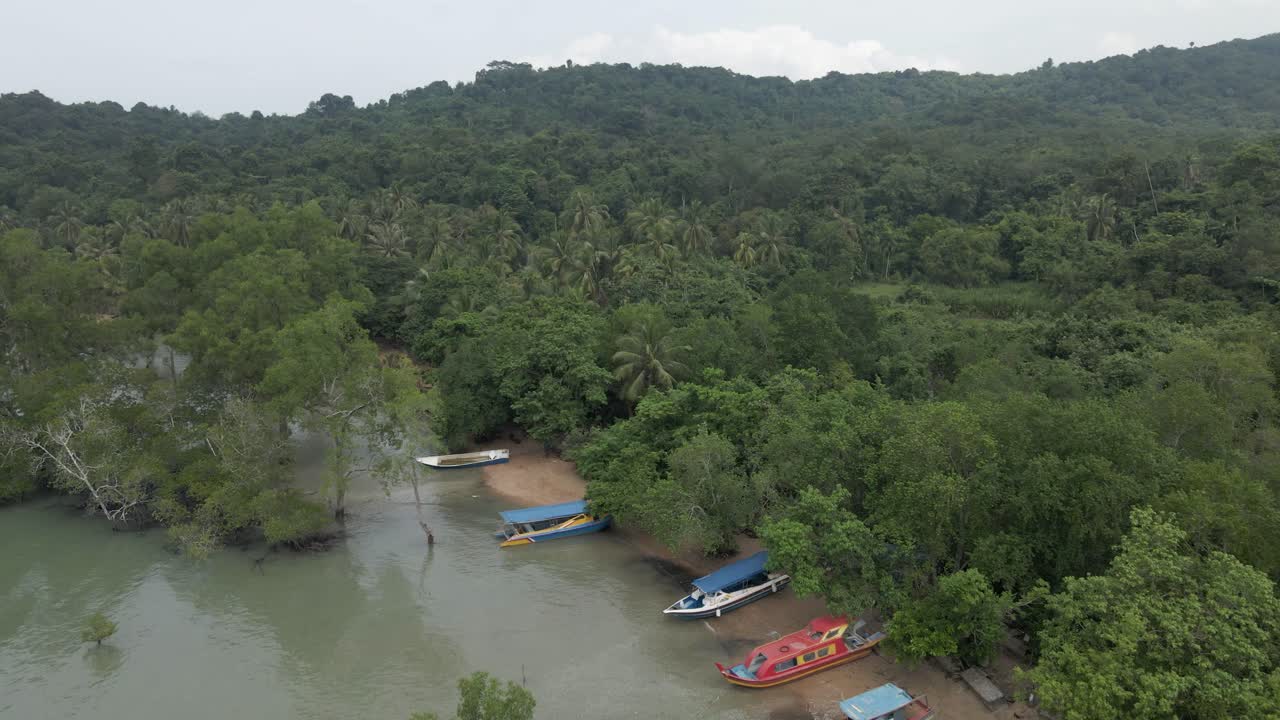 Tourism tour boats pulled up onto high tide tropical jungle beach sand
