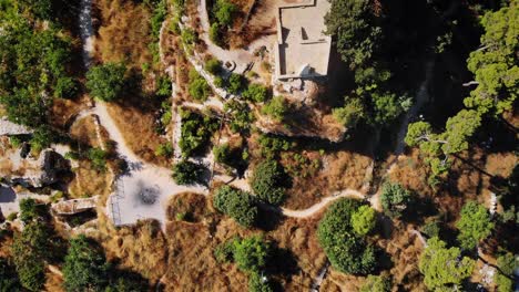 aerial view of arid landscape with green trees and buildings