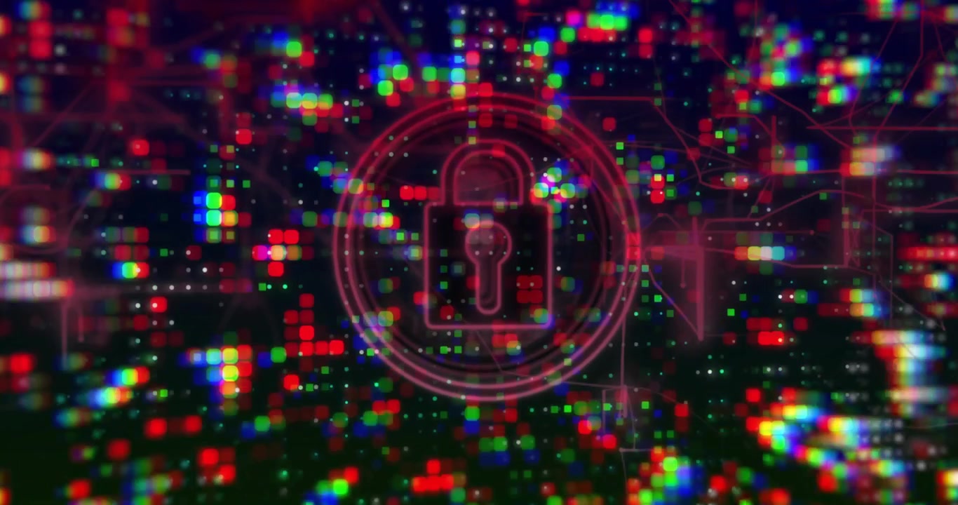 Pixel grid expanding, circular ring forming, padlock emerging and glowing visualizing data security