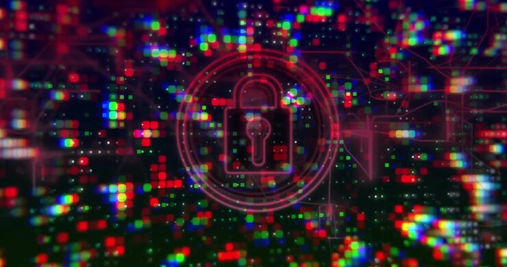 Pixel grid expanding, circular ring forming, padlock emerging and glowing visualizing data security