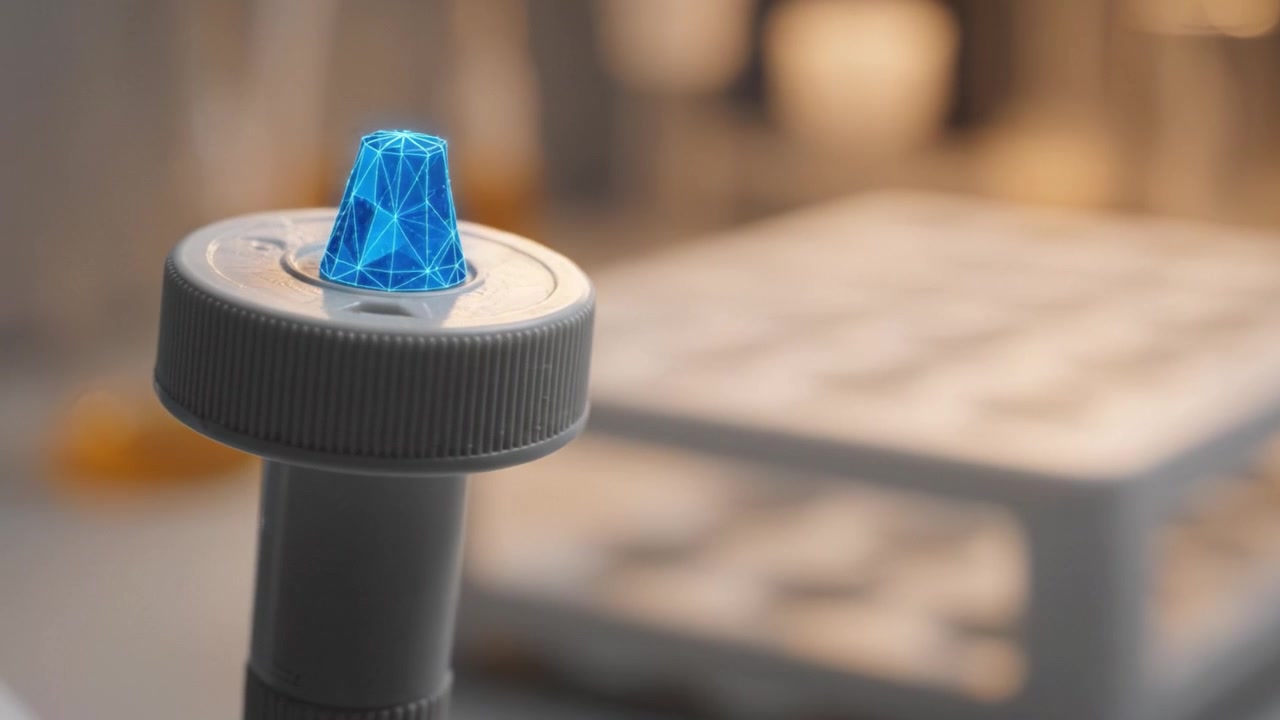 Innovativa tecnologia di display ibrido che mostra una struttura geometrica blu su una piattaforma di laboratorio, combinando scienza con elementi di design moderno.