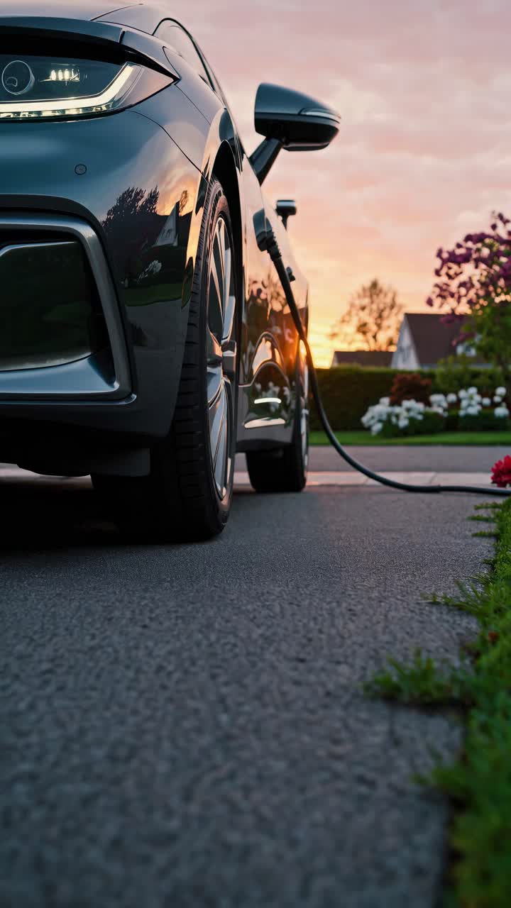 Low-angle shot of an electric car charging at sunset, highlighting sleek design and eco-friendly