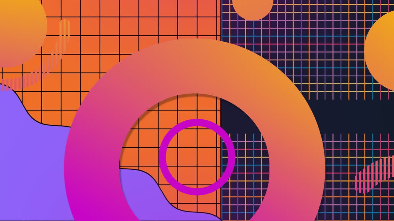 Animation of moving shapes over blue and red background