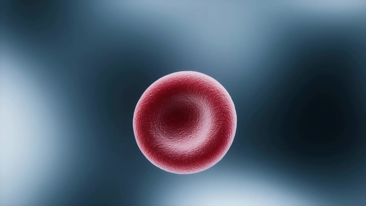 Un singolo globulo rosso è centrato su uno sfondo blu sfocato e morbido, creando un aspetto clinico pulito con luce soffusa e movimento delicato.