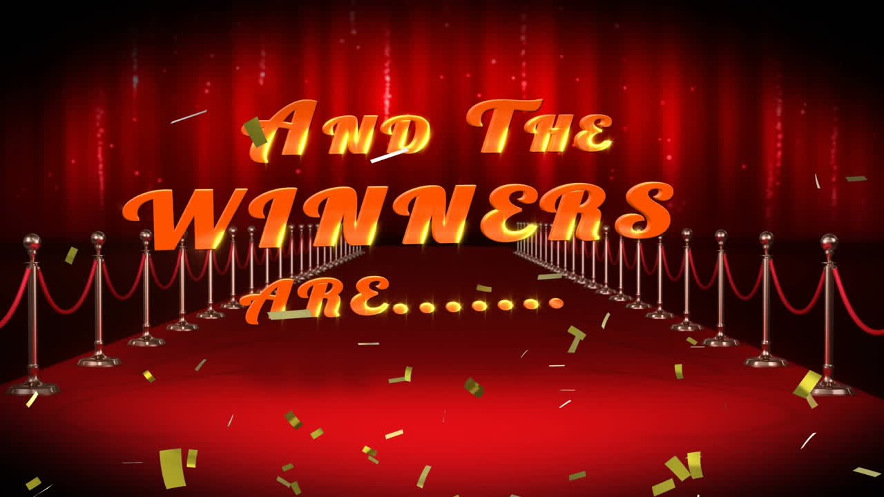 콘페티의 애니메이션이 넘어지고 우승자는 레드 카 ⁇  장소에서 텍스트입니다.