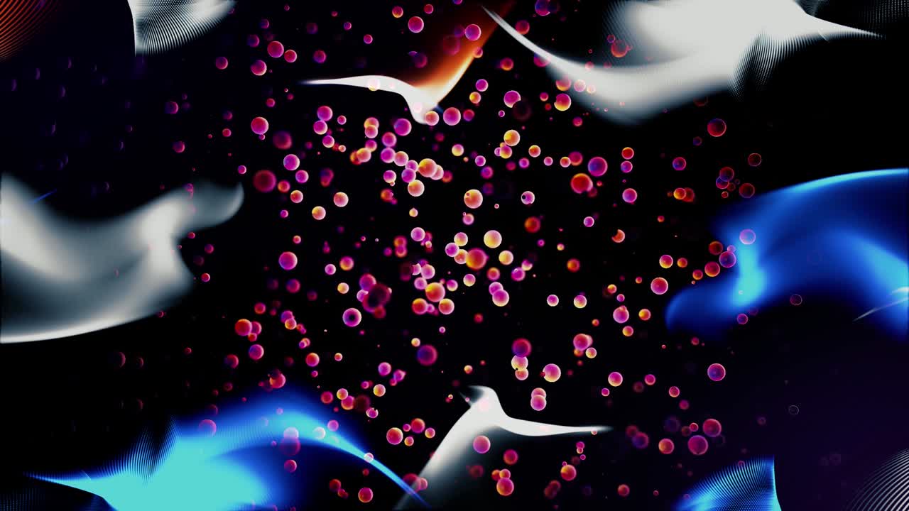 많은 은 분자가 검은 바탕에 혼란스럽게 흐르고,  빛의 불꽃으로 둘러싸여 있으며, 원활한 루프입니다.