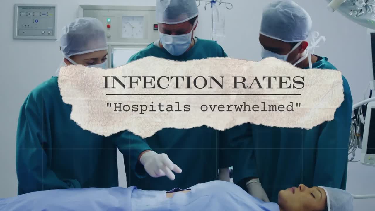 마스크를 쓰고 수술하는 외과 의사들에 대한 코로나 19 텍스트의 애니메이션