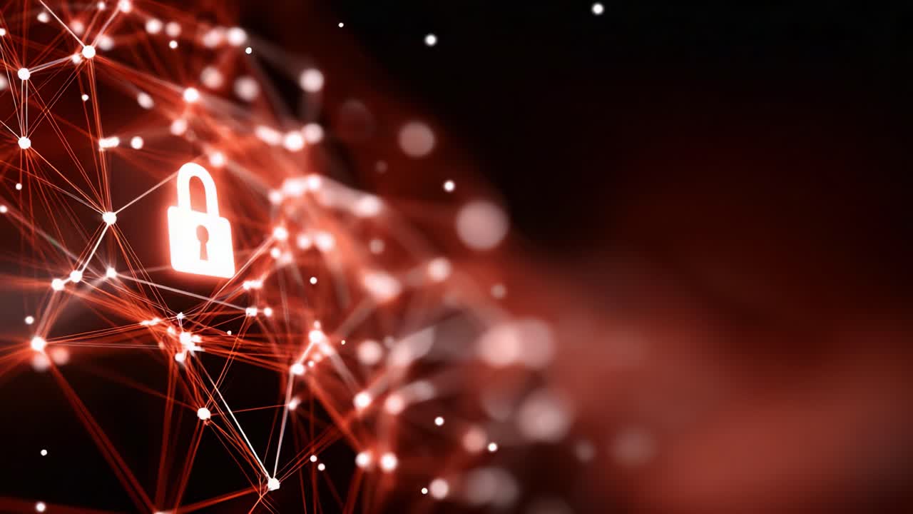 Digital Security Concept with Interconnected Network and Lock Symbol Representing Data Protection in a Futuristic Environment with Red Glowing Elements