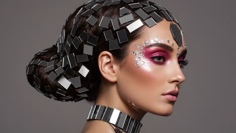 a stunning portrait of elegance and innovation, showcasing a beauty with a mirror-inspired headpiece and striking makeup, captured in captivating detail