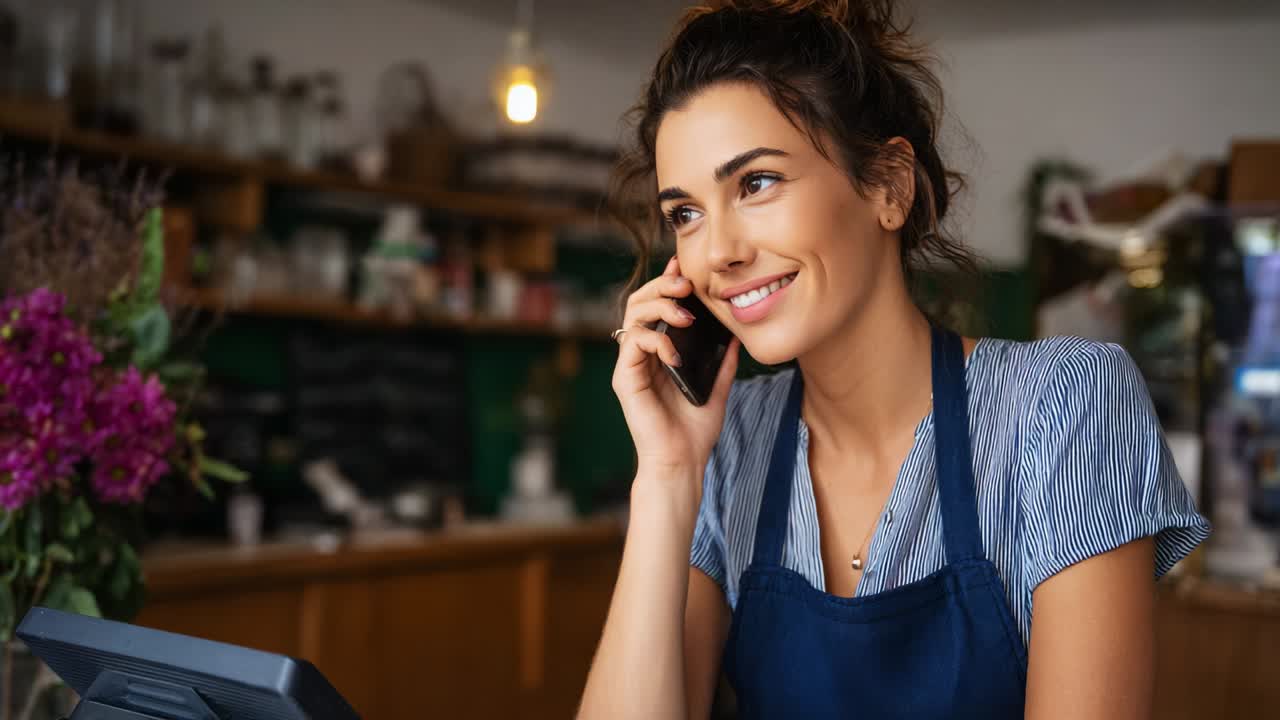 A Friendly Barista Engaging in a Warm Phone Conversation While Managing Orders at a Cozy Coffee Shop, Showcasing Her Professionalism and Customer Service Skills in a Relaxed Environment