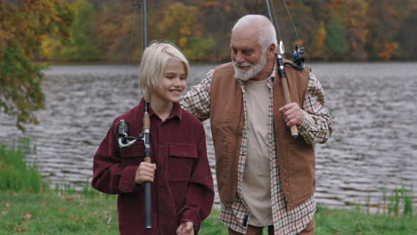 grandfather and grandson enjoying a fishing trip in autumn