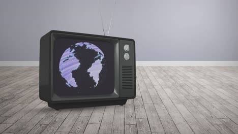 Animation-of-vintage-tv-with-globe-over-wooden-background