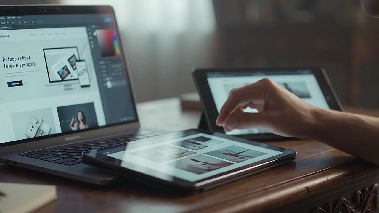 Designer al lavoro sul layout di un sito web utilizzando laptop e tablet