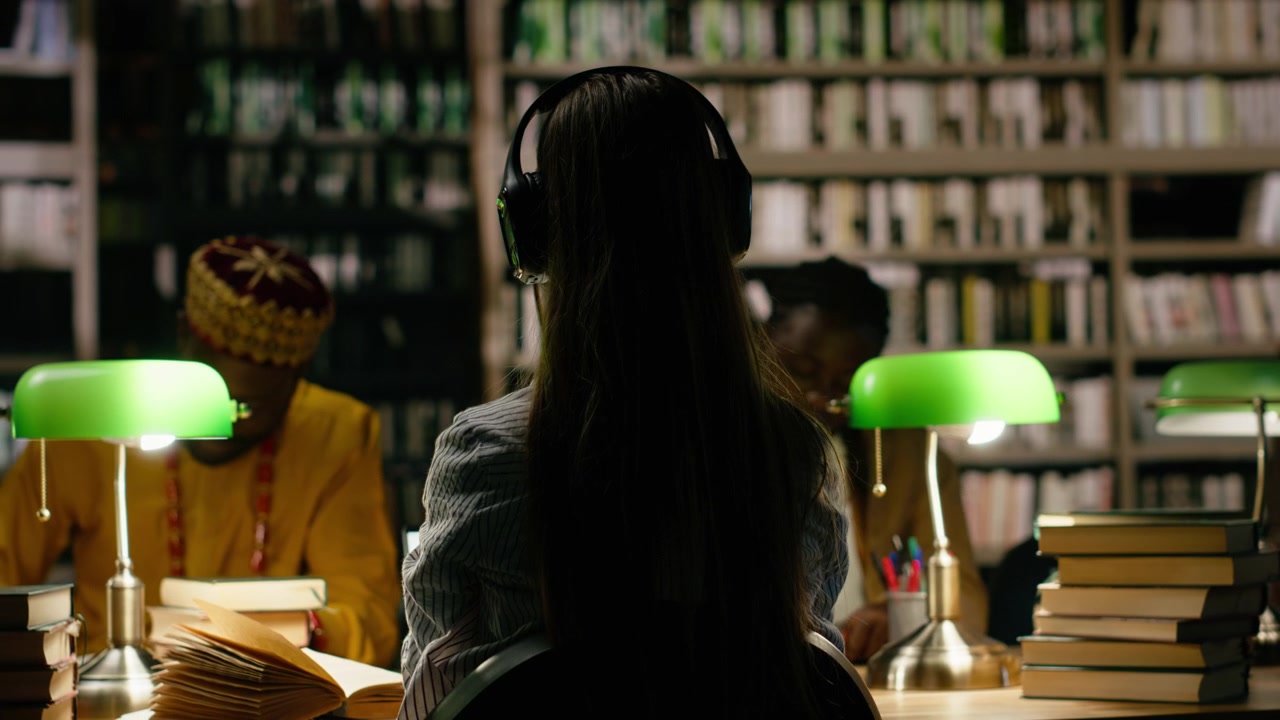 Vista posteriore di una giovane donna seduta con i compagni di classe in una sala studio buia di una biblioteca.
