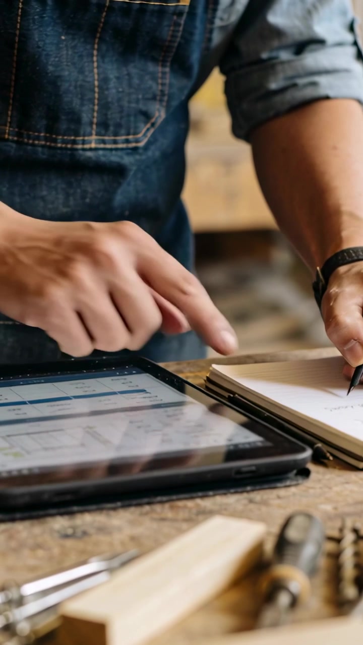 Video vertikal: Mengetuk tablet pro mengenakan celemek denim memeriksa rencana untuk memastikan kesesuaian di bangku dengan balok