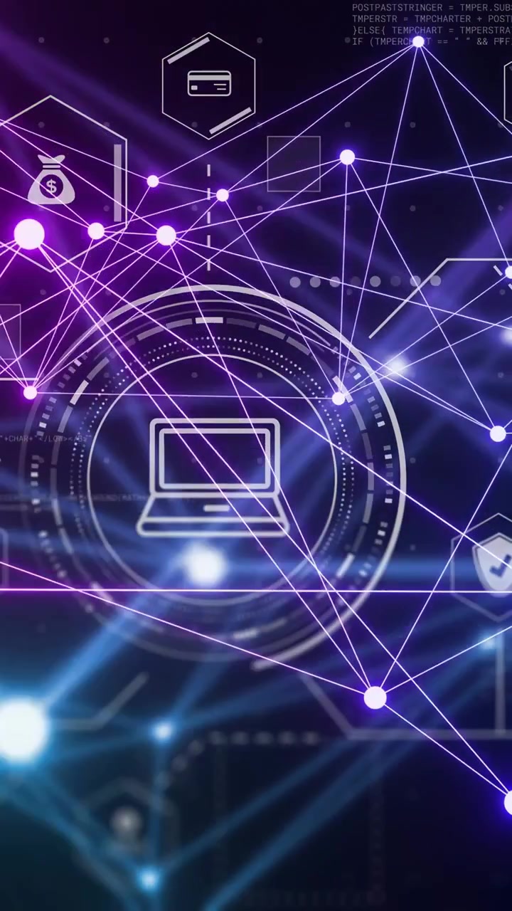 Video verticale: Nodi al neon che emergono, HUD che si illumina e ruota, laptop che acquisisce contrasto per la sicurezza.