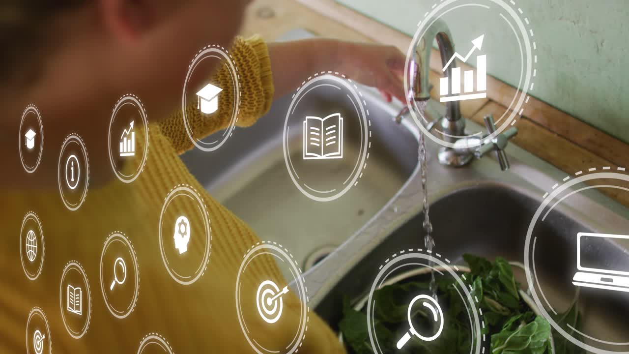 Woman at sink turning faucet on, rinsing greens for food prep while icons drifting over hands