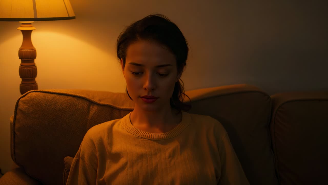 Seeing offscreen motion, turning woman shifting gaze right on couch at home with lamp, knit sweater