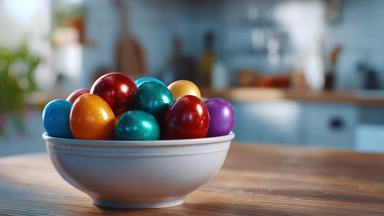 Ovos Decorativos de Cores Vibrantes em uma Tigela, Exibindo um Arranjo Chamativo em um Cenário de Cozinha Iluminado, Perfeito para Celebrações Festivas e Decoração Sazonal.