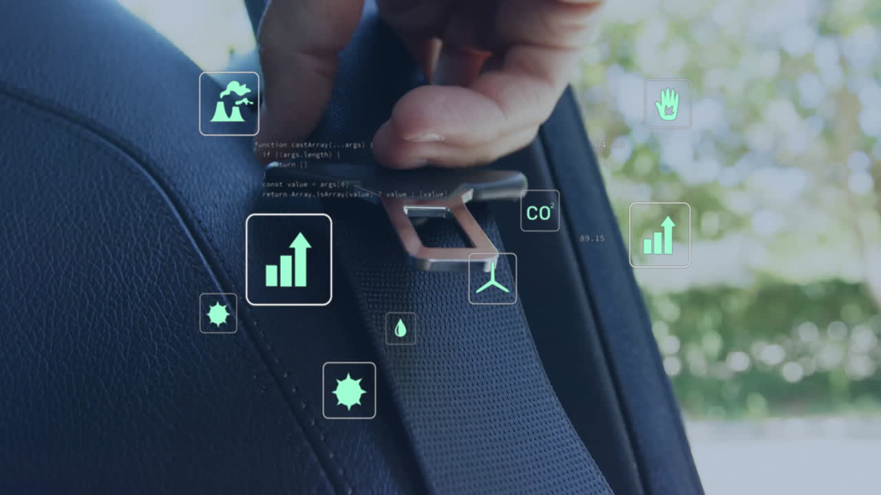 animación de iconos de energía y ecología sobre la mano de un hombre caucásico que se pone el cinturón de seguridad en el coche