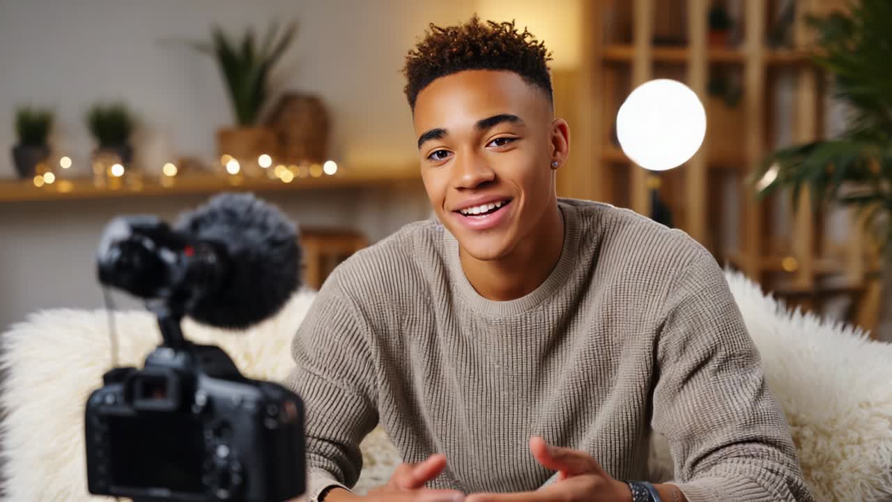 A Young Content Creator Engaging With Viewers Through Video Communication, Sharing Insights in a Cozy Studio Setting with Soft Lighting and Modern Decor Elements