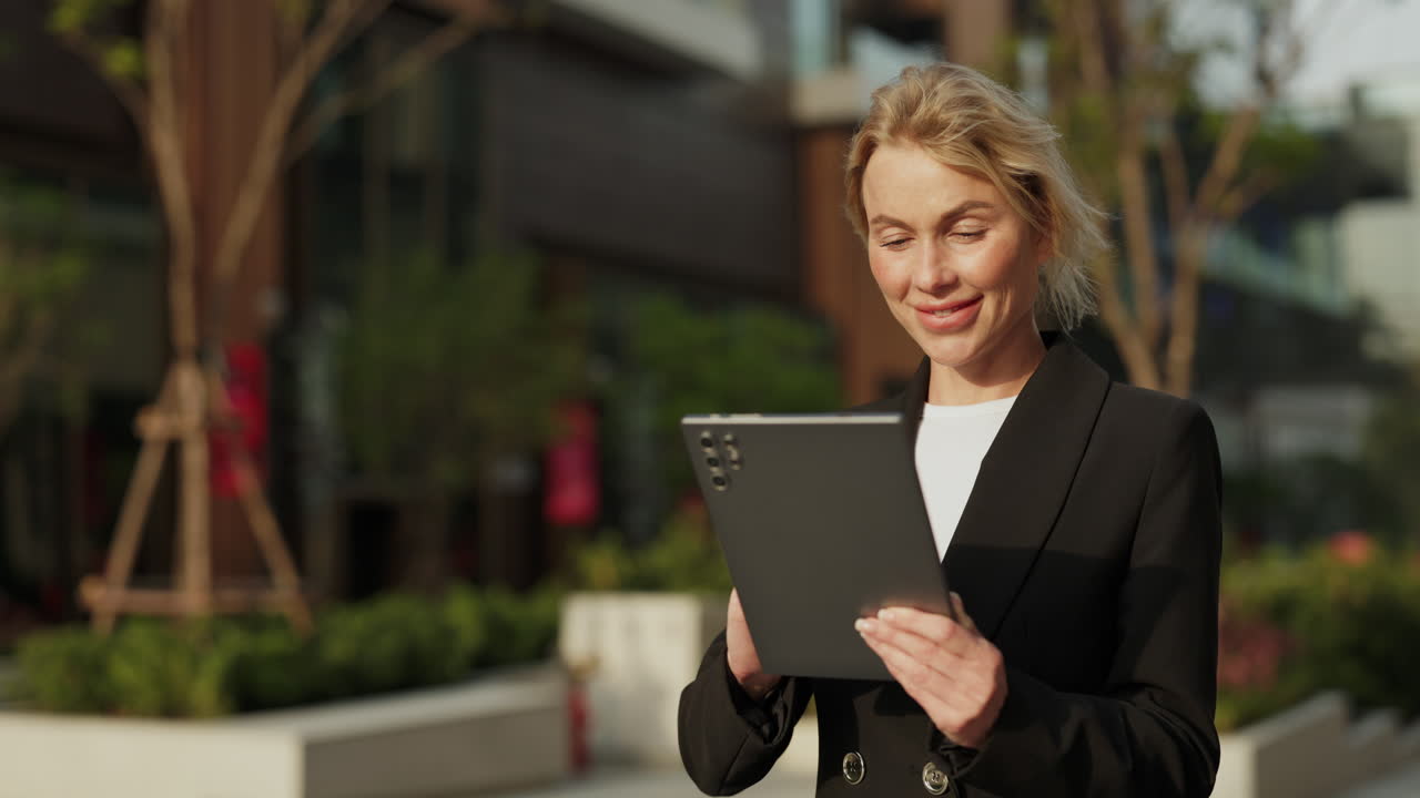 Donna d'affari che usa il tablet all'aperto