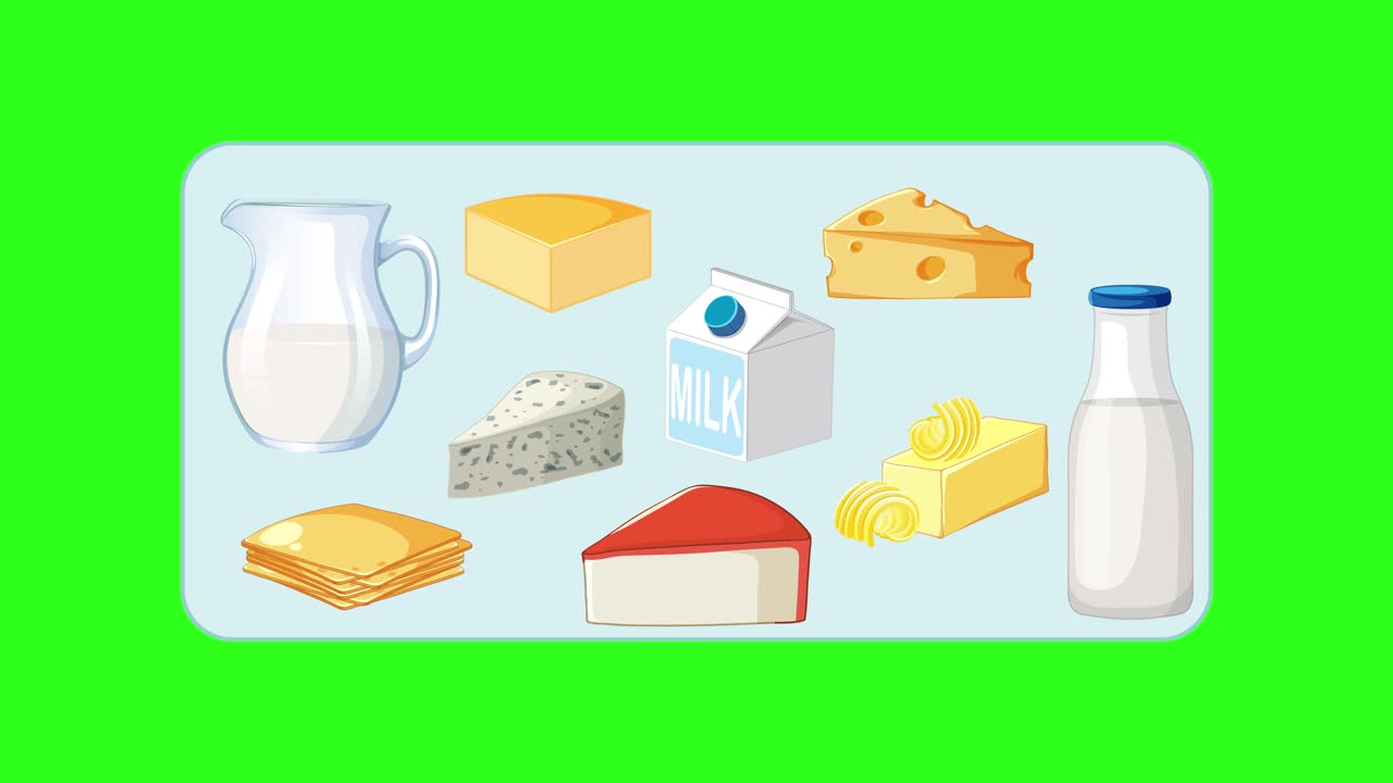 Various dairy products animate into view, assembling together on a bright green background, flat style