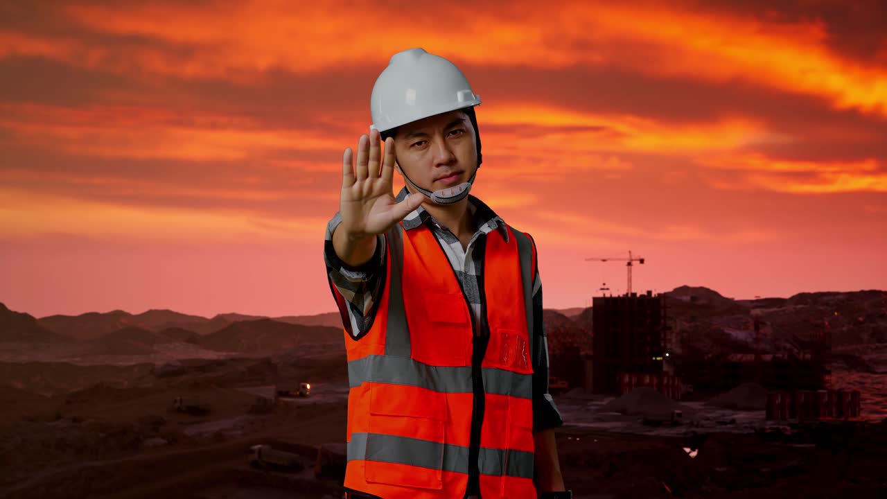 ingeniero masculino asiático con casco de seguridad desaprueba sin señal de mano mientras está de pie en el sitio de construcción, maquinaria de minería