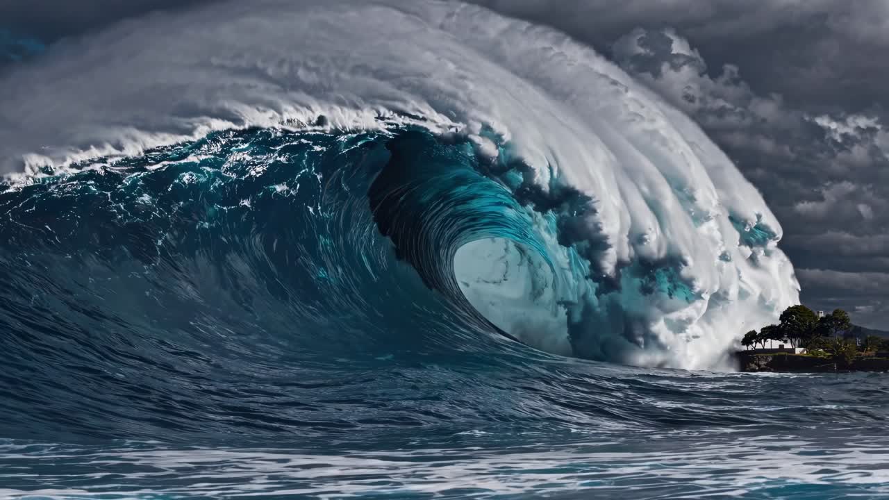Massive ocean wave curling into powerful tube near rocky coastline, dramatic cloudy sky creating intense seascape with thundering water energy