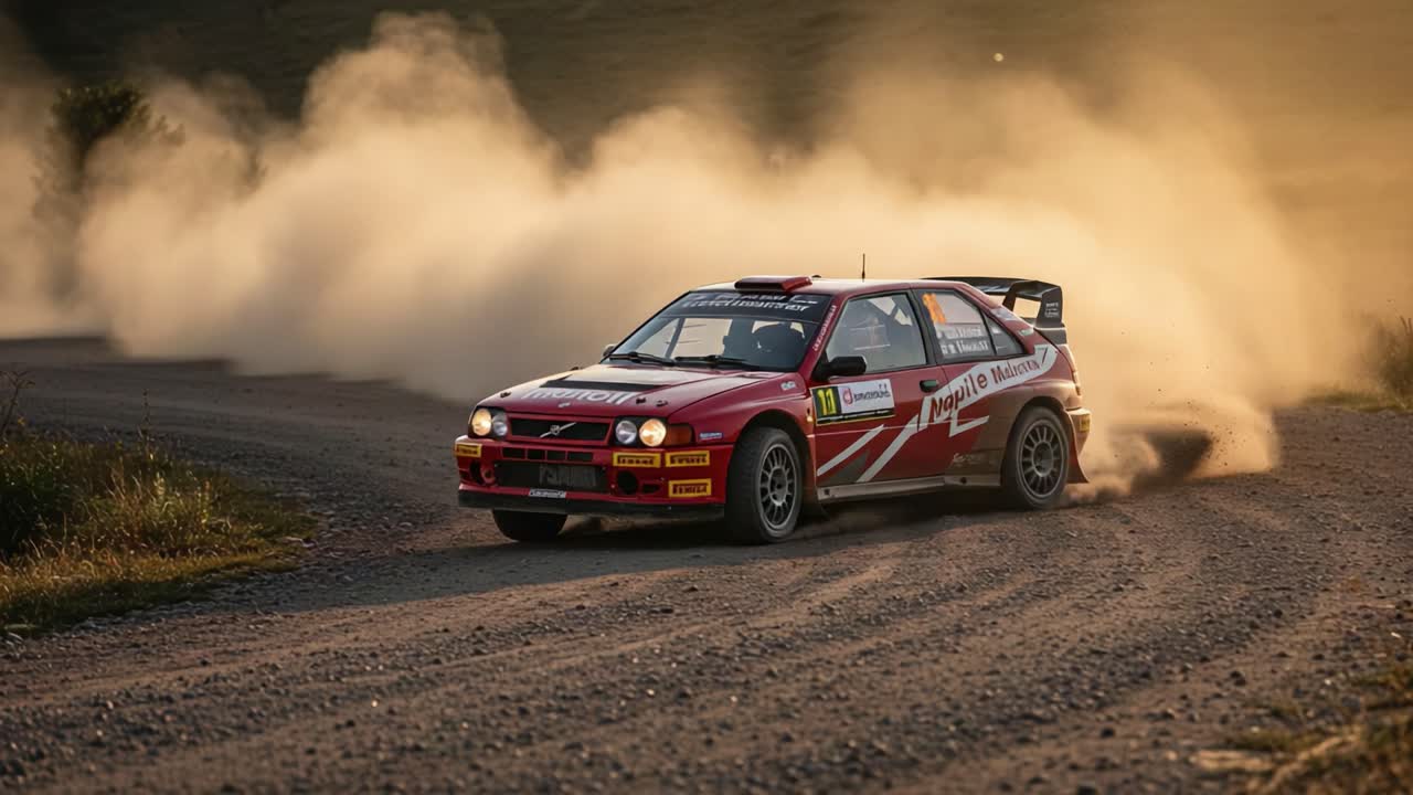 Dynamic Rally Racing: An Intense Showcase of Speed and Precision on Dusty Terrain as a Red Rally Car Navigates Sharp Turns with Power and Agility
