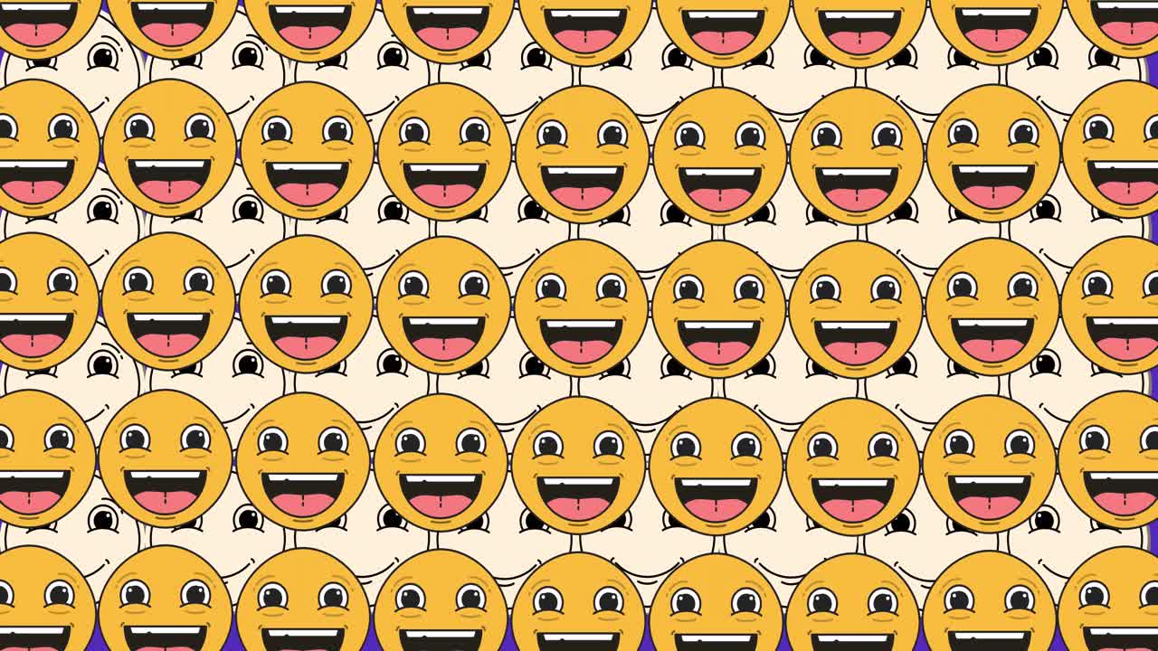 animación de caras sonrientes que se mueven sobre un fondo violeta