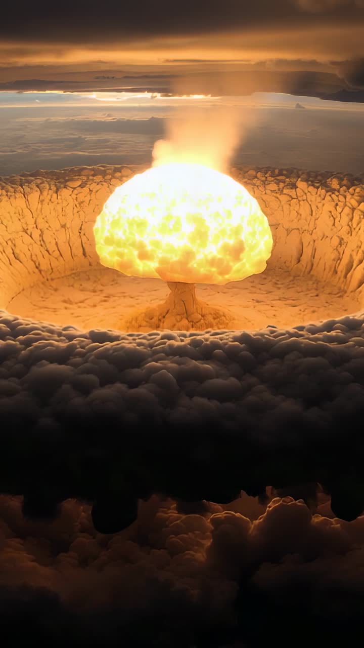 Vertical video: Igniting fireball forming mushroom cloud above cloud banks illuminating horizon