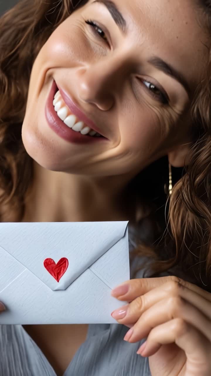 Catturando gioia e anticipazione: una donna tiene una lettera adornata con un cuore, simboleggiando amore e connessione in un toccante momento di comunicazione.