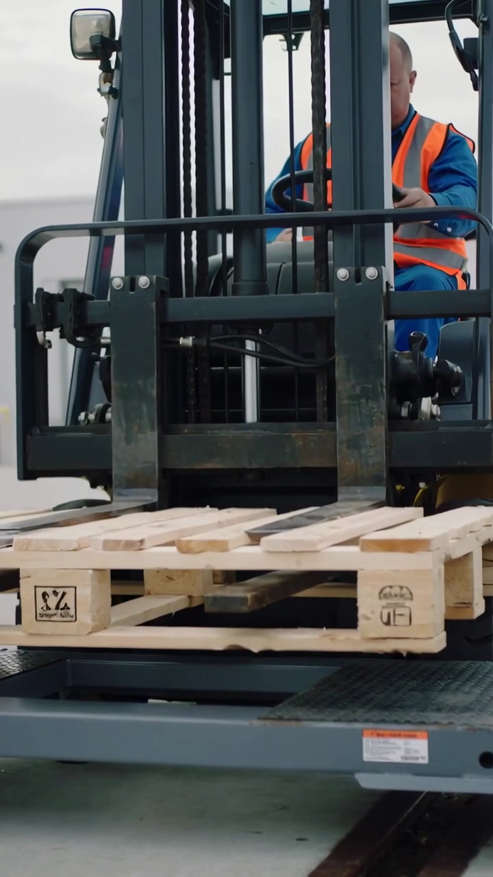 Video verticale: Carrellista con giubbotto guida un muletto verso un pallet in banchina, allineando le forche e sollevando il bancale.
