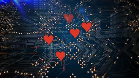 animation of financial data processing and falling hearts over dark background